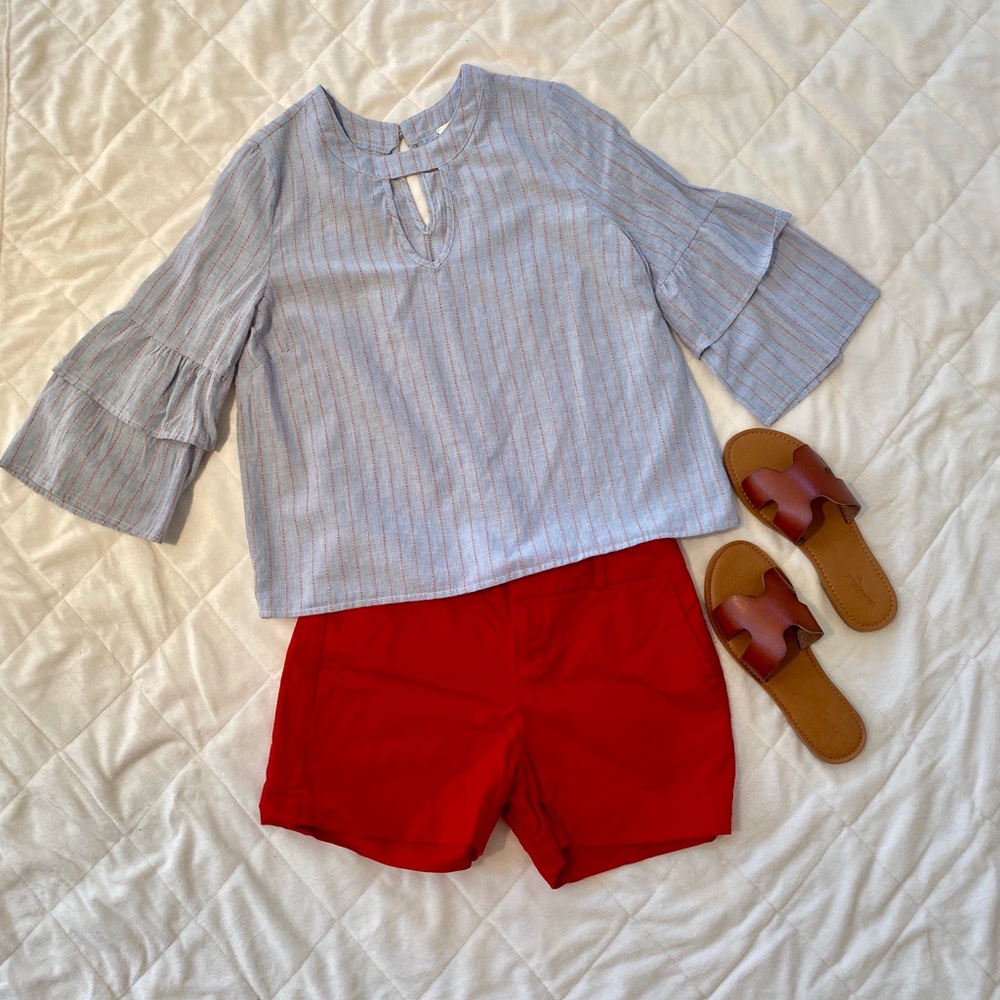 ☀️ light blue blouse with red & yellow stripes ☀️